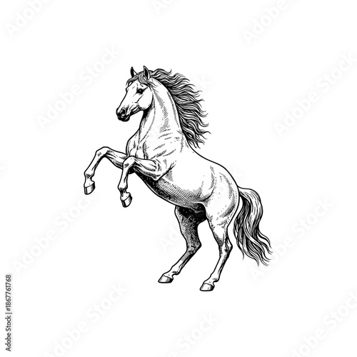 Rearing stallion horse engraving.