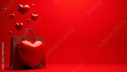 Valentines shopping banner with copy space. Heart shopping bag advertising banner. Retail love promotion layout.