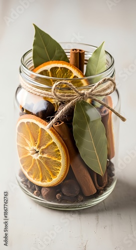 Glass jar filled with dried orange slices, cinnamon sticks, and bay leaves tied with twine.