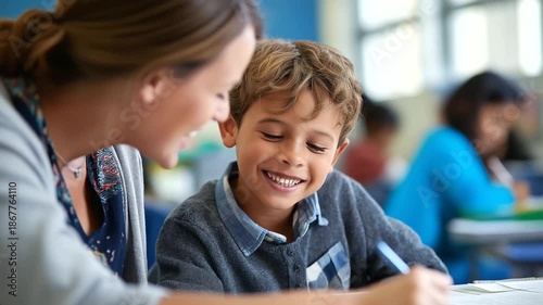 Joyful youngster studies learns plays with educator in classroom faceless child teacher defocused supportive background inclusive education environment happy special needs scho
