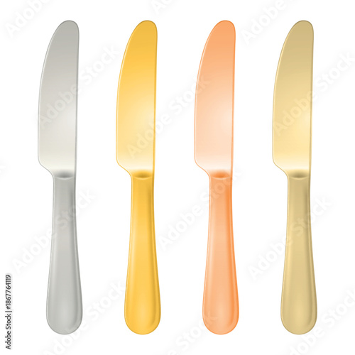Vector 3d Stainless Steel Silver and Golden Dinner Knives Set. Modern Table Knife Flatware for Dining Table Setting. Restaurant Catering Cutlery Collection, Isolated