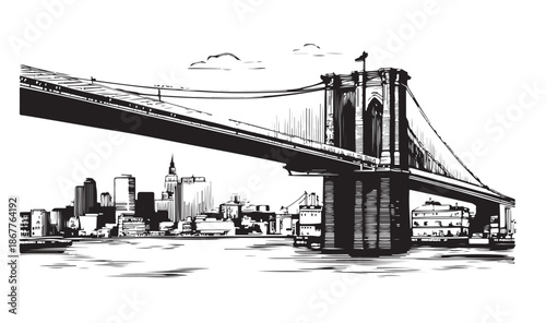 Brooklyn Bridge in New York, hand drawn illustrations.	

