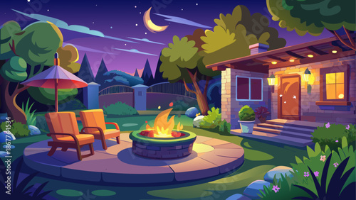 Backyard with fire pit and seating area at night
