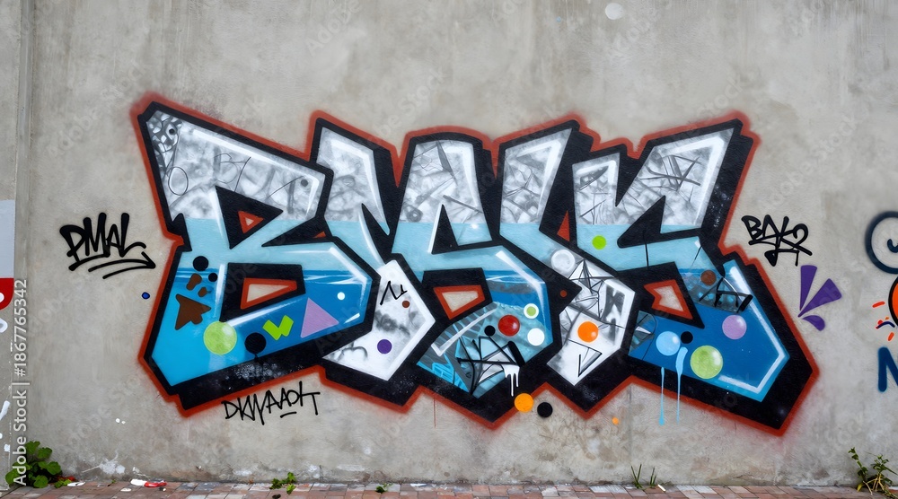 Obraz premium Street art piece on concrete wall shows abstract forms in blue, white, and black