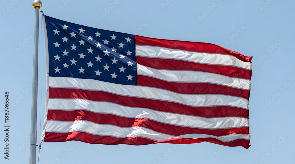 Fototapeta premium American flag waving gently against a clear blue sky on a bright sunny day