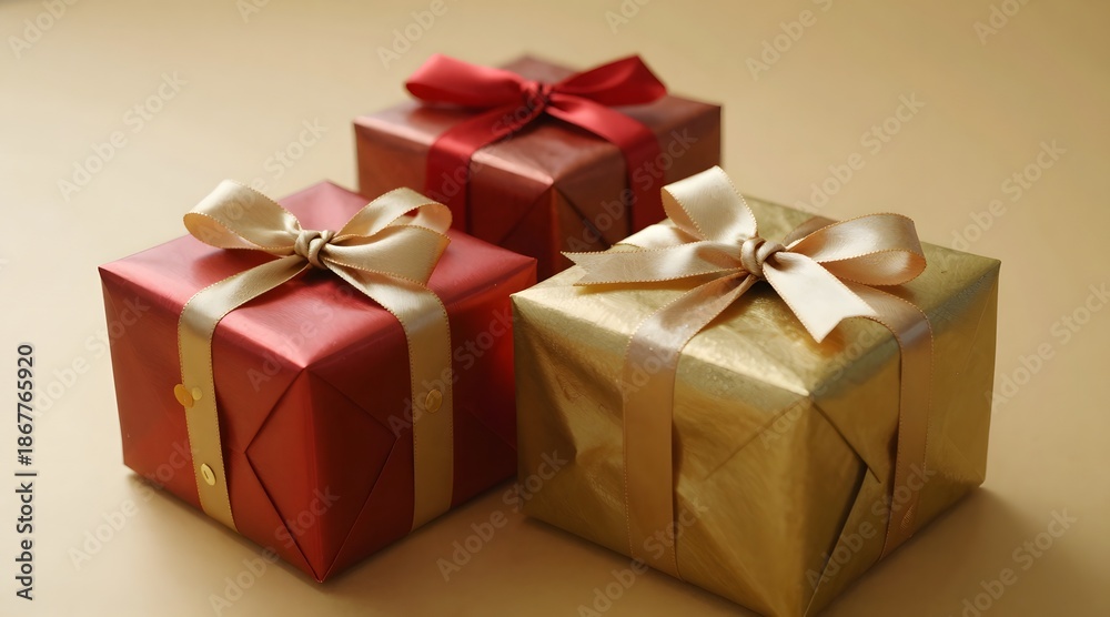 Obraz premium Three wrapped gifts with bows sit on a gold surface casting shadows