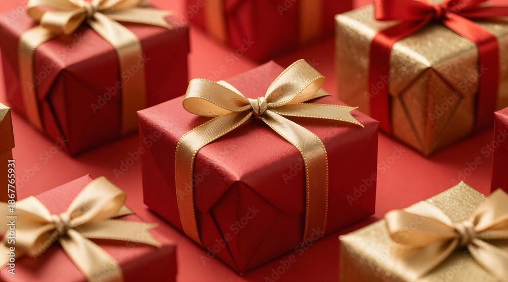 Obraz premium Festive scene of red and gold christmas gifts wrapped with ribbons