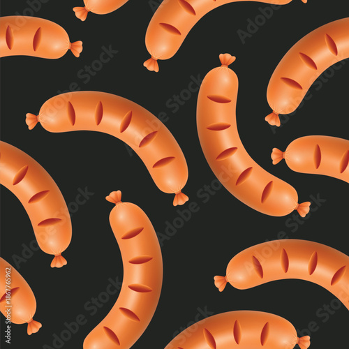 Vector Seamless Sausage Pattern Background with Grilled Sausages, Hot Dog Links on Black. Cute Food Texture for BBQ Menu, Butcher Shop Packaging, Kitchen Wallpaper, Party Design