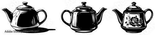Three vintage ceramic teapots with different designs in engraving style