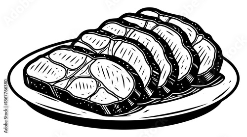 Sliced roasted meat fillet on a plate in hand drawn sketch style