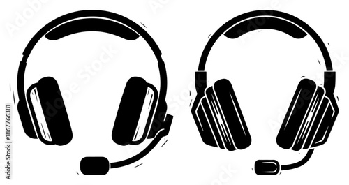 Gaming headset with microphone vector icons in silhouette and sketch style