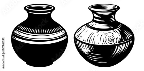 Traditional clay water pots in silhouette and sketch style
