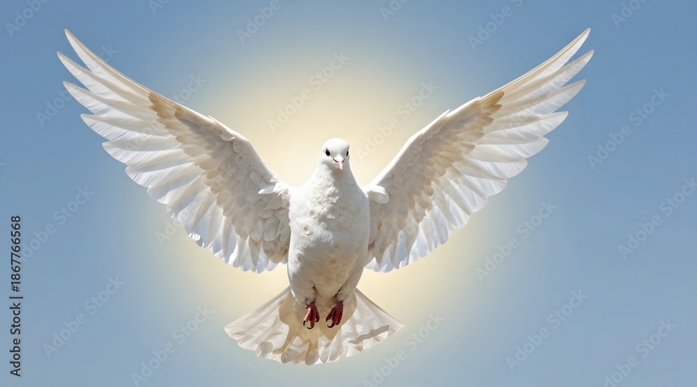 Obraz premium White dove spreads its wings against a soft blue background with a bright glow behind it