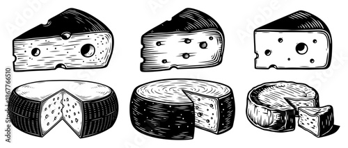 Hand drawn swiss cheese wheels and slices sketch collection