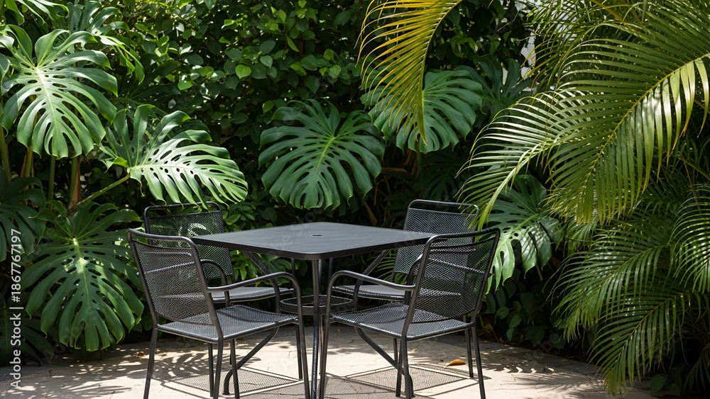 Fototapeta premium Outdoor Dining Surrounded by Lush Tropical Foliage with Table and Chairs