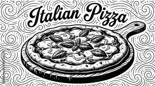 Italian pizza with cheese, basil, and olive oil Black and white vector illustration, presented in clean line art style for menus and food branding