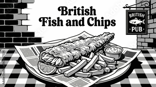 British fish and chips served with lemon and sauce Monochrome vector illustration, representing iconic European street food culture