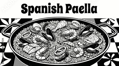traditional Spanish paella with seafood and rice Black and white vector illustration, highlighting Mediterranean cuisine in detailed line style