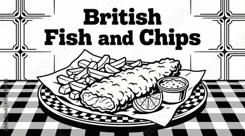 British fish and chips served with lemon and sauce Monochrome vector illustration, representing iconic European street food culture