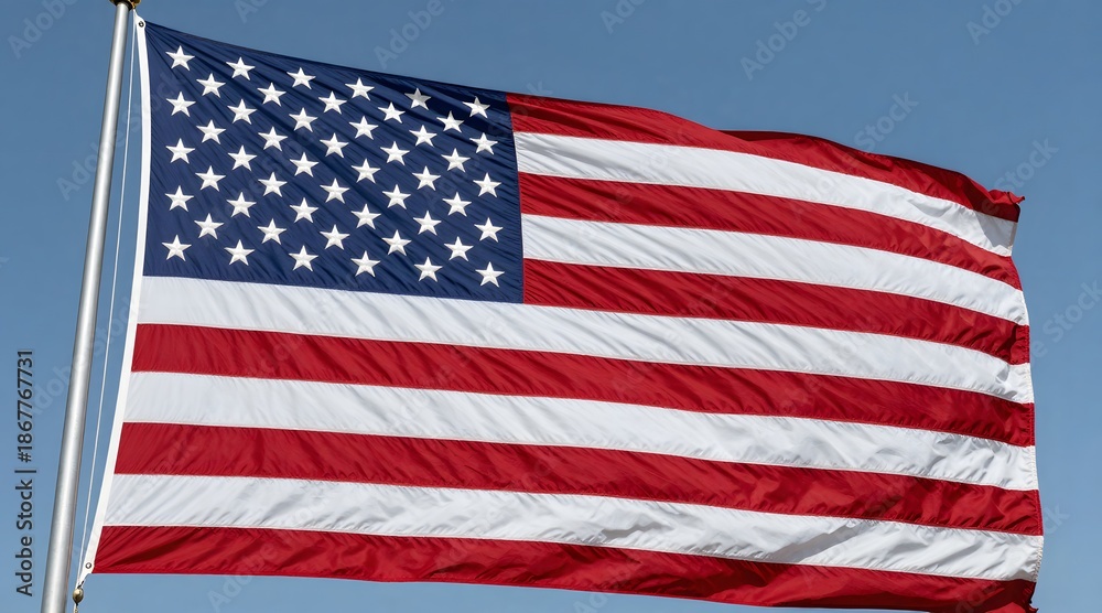 Fototapeta premium American flag waving proudly on a clear day against a blue sky background