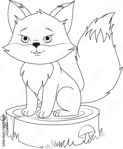Cute cartoon kitten coloring page. Black and white line art for kids, printable activity, animal illustration, fluffy cat with big eyes, simple and fun design for children.