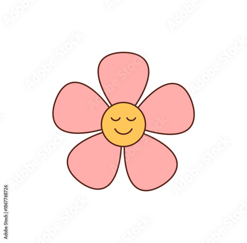Groovy retro flower sticker with a happy smile, cartoon flat pink and yellow style. Playful y2k icon as a groovy element. Bright and cute symbol for positive, modern trendy badge concepts.