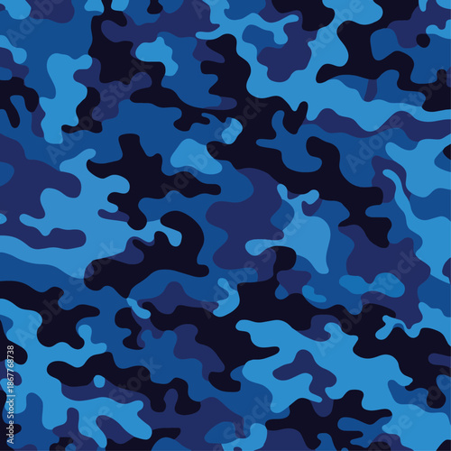 Dark Navy Blue Camouflage Seamless Pattern. Vector Midnight Military Texture. Tactical Police or Army Night Camo Background.