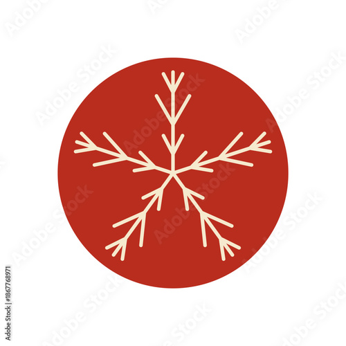 Simple outline snowflake ornament in a red and white circle, winter element for christmas and xmas sticker label. Decorative snow flake icon for box gift, flat holiday symbol seasonal ornament.