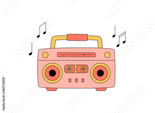 Groovy y2k pink cassette player sticker in cartoon graphic style. Funky boombox shows groovy element and tape with retro energy. Audio and music pop sticker brings playful, trendy character for label