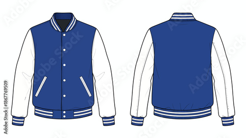 Unisex Varsity Bomber Jacket with Contrast Raglan Sleeves and Snap Button Front - Royal Blue and White Casual Sportswear Fashion Flat Technical Drawing Illustration