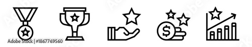 Conjunto de iconos de recompensa. Logros profesionales, reconocimiento, éxito financiero y resultados destacados. Ilustración vectorial lineal