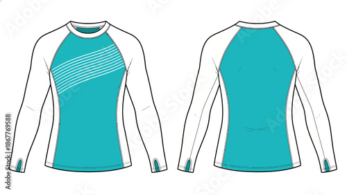 Women's Long Sleeve Rash Guard with Diagonal Stripes and Thumbholes - Teal Activewear Swim Top Fashion Flat Technical Drawing Illustration