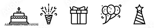 Conjunto de iconos de cumpleaños. Celebración, fiesta, regalos, decoración festiva y eventos especiales. Ilustración vectorial lineal