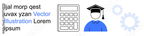 Education, learning, mathematics, technology, career planning, academic success. A calculator, graduate cap icon and gears are displayed. Education and learning concepts are visually