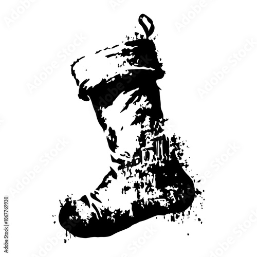 Artistic Christmas stocking silhouette with winter village scene inside in grunge style