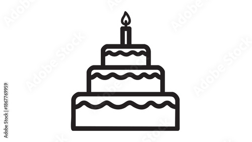 A simple black line drawing of a three-tiered cake with a single lit candle on top