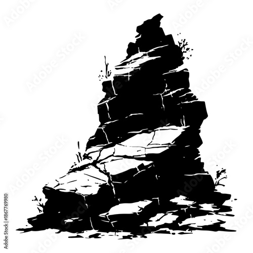 Black and white vector illustration of a stack of jagged rocks and stones