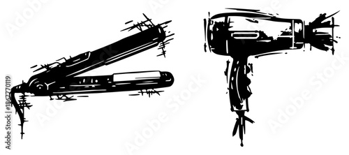 Professional hair dryer and flat iron tools in artistic grunge style