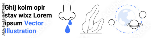 Health awareness, environmental concepts, planetary science, nature, biology, abstract communication. Nose with dripping water, plant leaf planet and globe symbolism. Health awareness