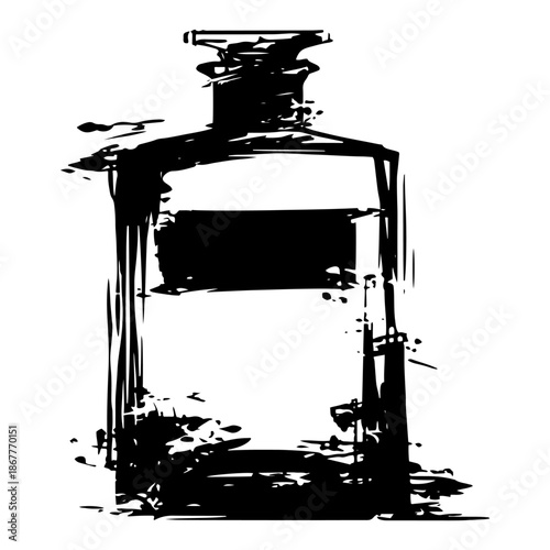Artistic vintage perfume bottle silhouette in black and white grunge style