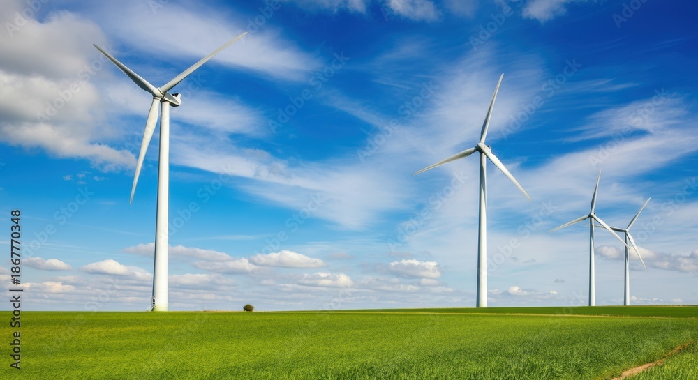 Fototapeta premium Wind turbines stand tall across a green field under a bright blue sky