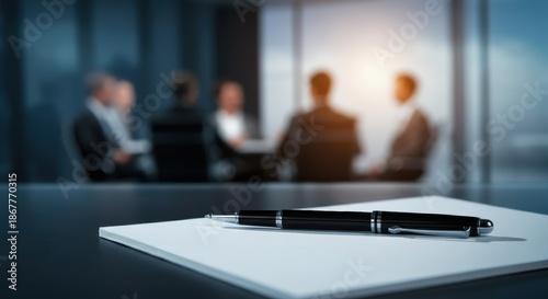 Business meeting setup with notebook and pen on desk, blurred figures in background