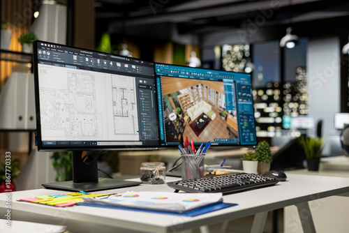Tableau sur toile Contemporary office desk with CAD interface displaying digital blueprints and 3D renders of architectural projects