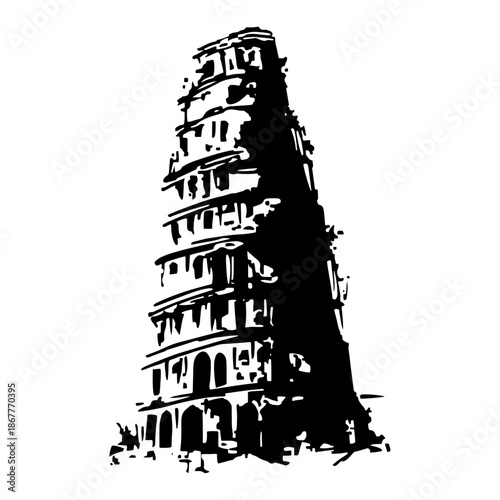 Artistic ink sketch vector illustration of a tall ancient ruined tower like Babel