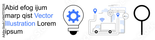 Logistics, transportation, delivery services, location tracking, technology innovation, supply chain management. Truck with location pins, magnifying glass and map. Logistics and transportation