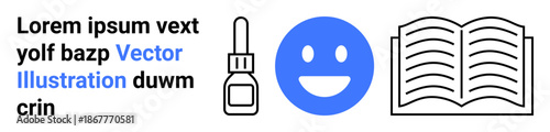 Health care, education, drug safety, positivity, reading, learning tools. Minimalist design a smiling blue face, open book dropper and text. Health care and education focus