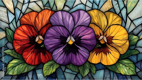 Stained glass colorful Pansy flowers 