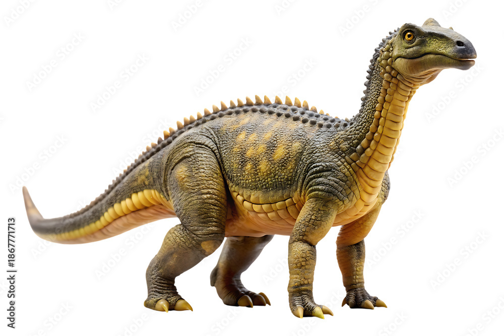 Obraz premium Metoposaurus dinosaur model with yellow and gray scales isolated on a transparent background