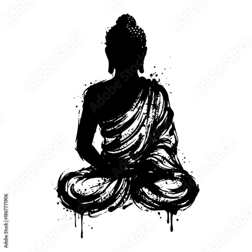 Silhouette of Buddha sitting in lotus position for meditation with grunge ink splashes