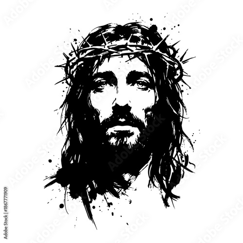 Portrait of Jesus Christ wearing crown of thorns in expressive black ink style